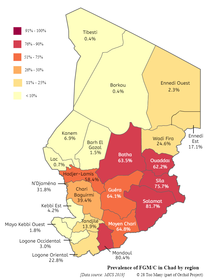 Prevalence Map: FGM/C in Chad (2019, English)